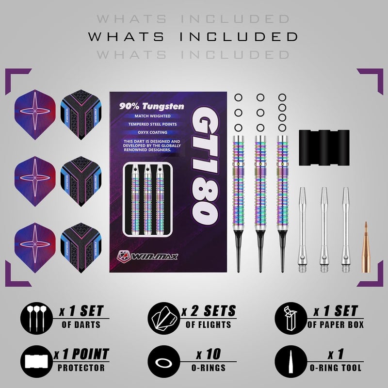 win.max مجموعة سهام ذات رأس ناعم - مجموعة سهام ناعمة من 90% تنجستين بوزن 18 جرام مع 3 ريش إضافية - Image 3